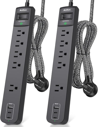2 Pack Power Strip Surge Protector - 5 Widely Spaced Outlets 3 USB Charging Ports, 1875W/15A 6Ft Braided Extension Cord, Flat Plug Overload Protection, Wall Mount for Home Office Dorm Room Essentials