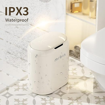 MRBIN Trash Can for Bathroom, Automatic Touchless Garbage Bin with Lid,3.43 Gallon for Office and Kitchen, Electric Motion Sensor Bedroom Bin, Cream White, MACE0102