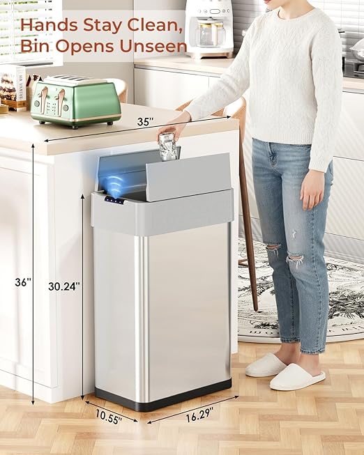 TLSUNNY 18.5 Gallon Automatic Trash Can, Stainless Steel Motion Sensor Garbage bin, Smart Trash Can W/Butterfly Lid, Bag Retainer Ring and Display Light for Living Room,Kitchen,Office (Silver, 70L)