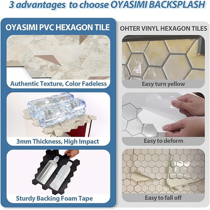 10-Sheet Heavy-Duty Hexagon Peel and Stick Backsplash, Thick Waterproof &Heat Resistant Stick on Wall Tiles, Ecru Beige Stone Mosaic for Kitchen & Bathroom, Strong Adhesive Permanent PVC Tiles