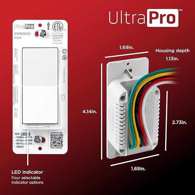 UltraPro Z-Wave Plus Long Range in-Wall Smart Dimmer for Smart Home Automation, 2 Pack, Plastic Yoke, Flying Leads, Single-Pole/3-Way, Hub Required, 76606