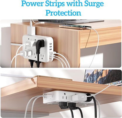 Flat Plug Power Strip Surge Protector with 12 AC Outlets 6 USB Ports 3 Side Multi Plug Outlet Extender 10 Ft Extension Cord for Home Office Kitchen Dorm Wall Desk Charging Station ETL Listed