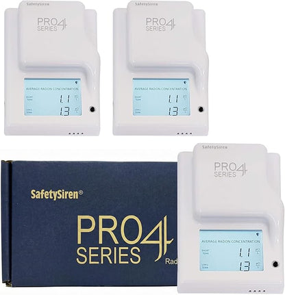 Safety Siren Pro4 Radon Gas Detector for Home, Continuous Indoor Radon Monitoring with Digital Display, LED Alerts, Long-Term Tracking and Alarm Functions - Pack of 3