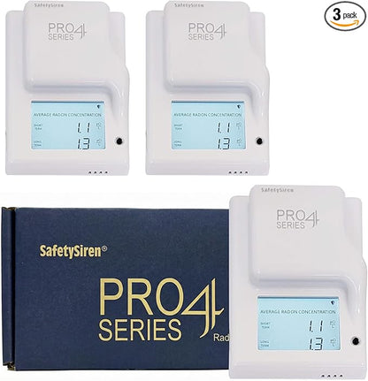 Safety Siren Pro4 Radon Gas Detector for Home, Continuous Indoor Radon Monitoring with Digital Display, LED Alerts, Long-Term Tracking and Alarm Functions - Pack of 3