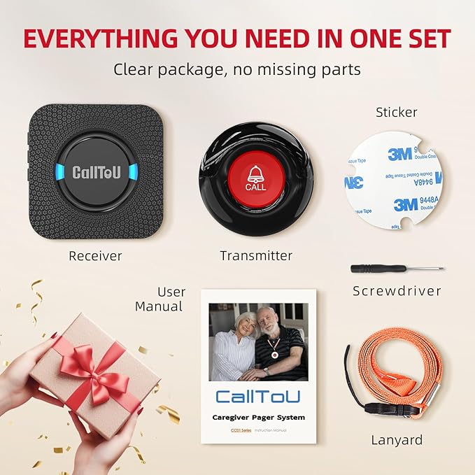 CallToU Caregiver Pager Wireless Call Bell Alert Button for Seniors/Elderly/Patients 3 Plugin Receiver 2 Waterproof Transmitter