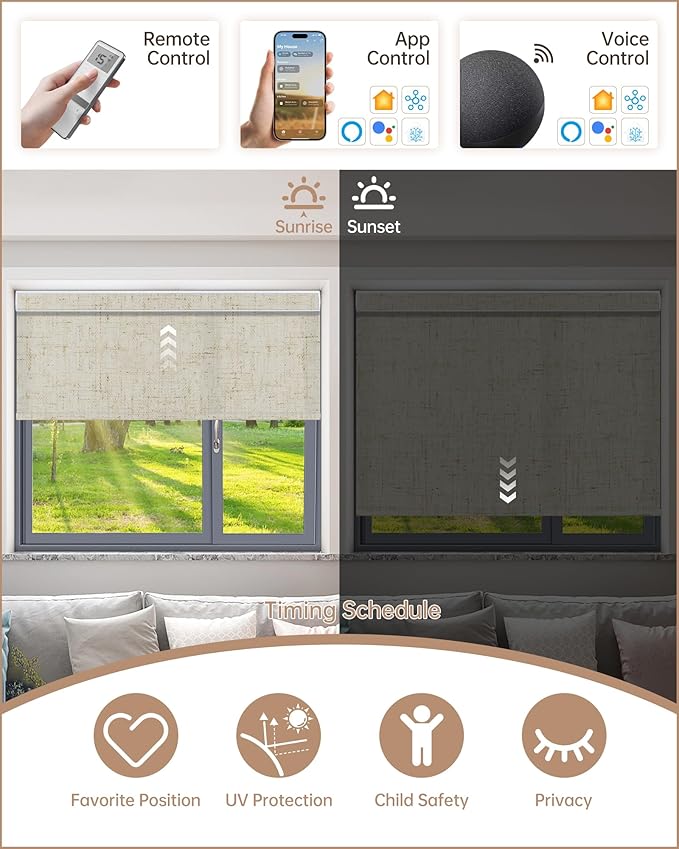 Kincmo Motorized Blinds with Remote, Light Filtering Roller Shades Work with Apple Homekit,Alexa,Google Home, Custom Electric Blinds with App,Voice Control (75% Blackout Linen Stone)