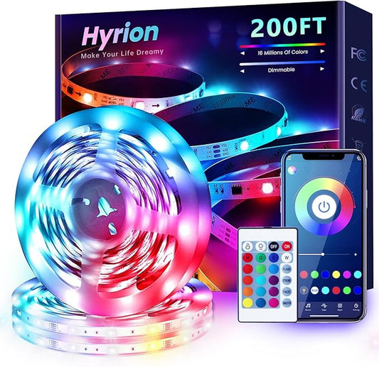 hyrion LED Strip Lights 200ft, Music Sync LED Lights Strip for Bedroom, RGB Color Changing Bluetooth LED Lights with Remote,Smart APP Control