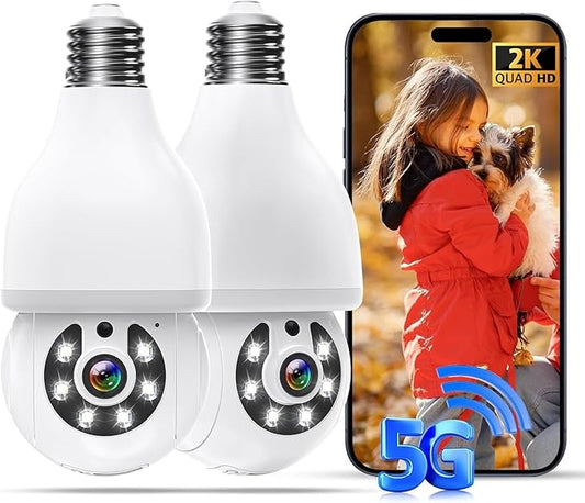 DYPCO Light Bulb Security Camera -5G& 2.4GHz WiFi Camera Outdoor Wireless Motion Detection and Alarm,Two-Way Talk,Color Night Vision,Human Detection, Light Socket Camera (White 2 Packs)