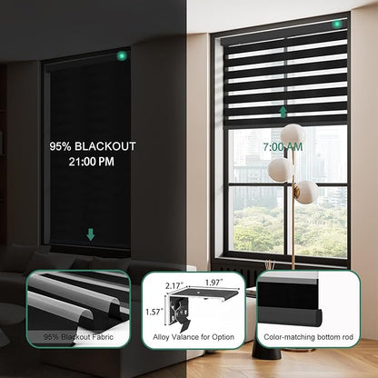 Motorized Zebra Blinds with Remote [Dual Layer + Light Filtering] 95% Blackout Smart Shades for Indoor Windows, Alexa Google and HomeKit Compatible, Customized Size, Equinox Midnight