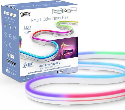 Feit Electric Smart Neon Strip Lights 10FT, Flexible RGBW Color Chasing LED Light Strip, 2.4GHz WiFi Enabled, Works with Alexa and Google Home Assistant, 22W, Music Sync, App Control NF10/CHASE/AG