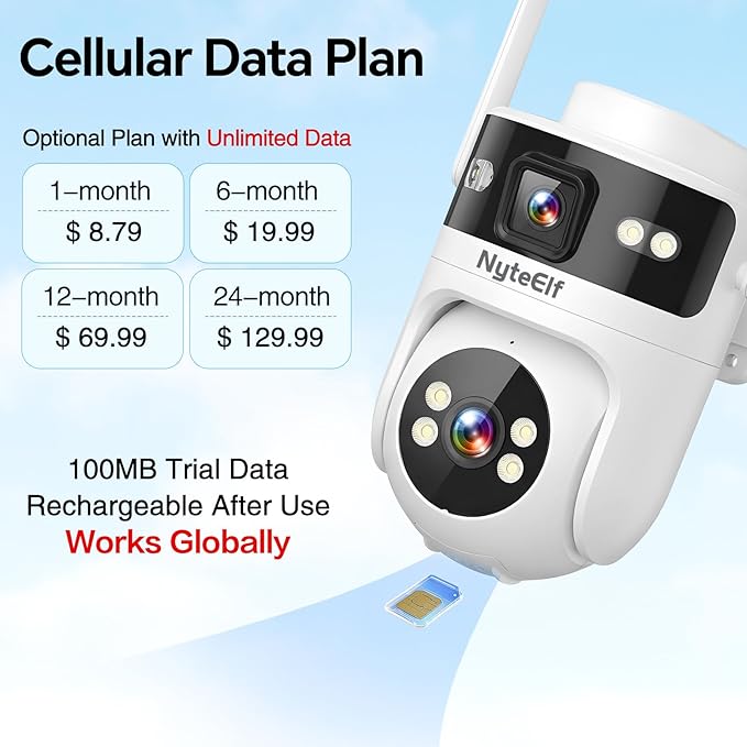 6MP Dual Lens,4G LTE Cellular Solar Security Cameras Wireless Outdoor for Home Security, No WiFi Needed, 24/7 AOV Recording, 355° PTZ, AI Human Detection,Siren, IP66, TF/Cloud Storage (White, 2 Lens)