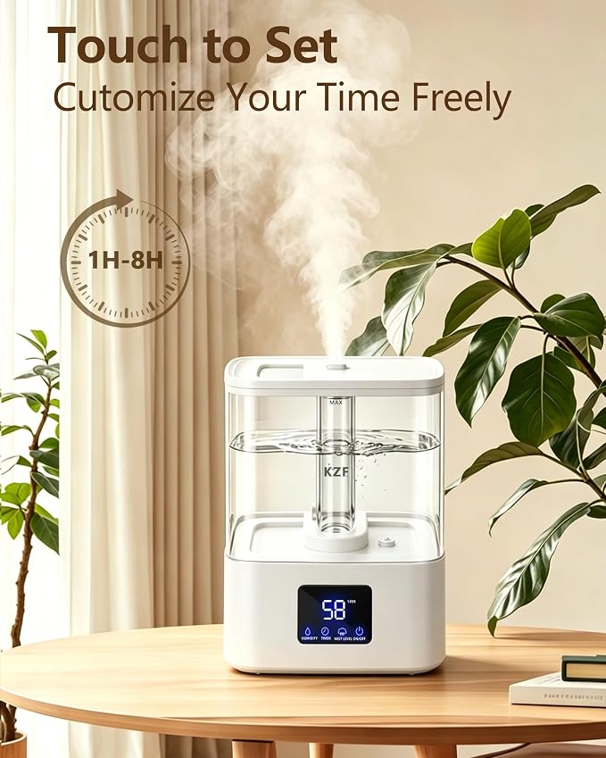 KZF 4L Top Fill Humidifiers for Bedroom & 40H Runtime - Cool Mist Humidifier, 3 Mist Levels, 8H Timer, Essential Oil Tray, Humidity Display, Quiet for Baby, Plants, Large Room (White, 4, Liters)
