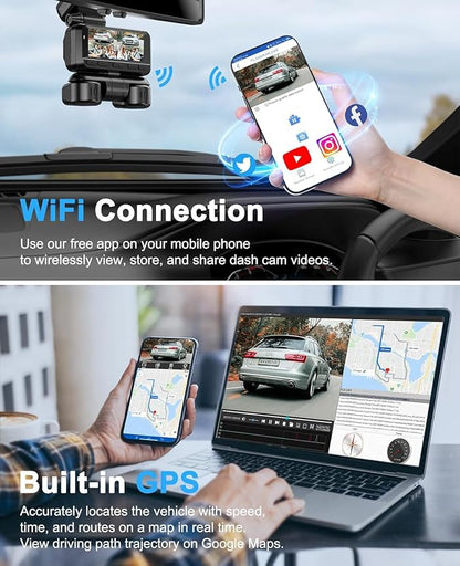 Dash Cam 4 Channel 360° Front Rear Inside DashCam, 4K Full HD Dashcam Car Camera, Free 128GB Card, Built-in Wi-Fi GPS Dashcams, 3.18” IPS Screen, WDR Night Vision, 24H Parking Mode (XJDC001)