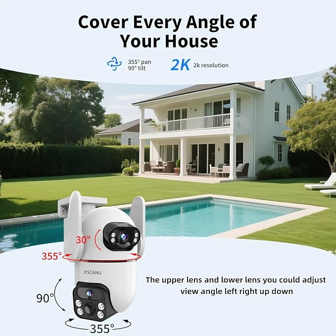 Dual Lens Security Cameras Wireless Outdoor for Home Security, 2K Ultra HD Resolution, 2.4GHz WiFi, 2-Way Audio, Color Night Vision, Motion Detection, PTZ 360 Coverage, No Monthly Fee, IP65 Waterproof