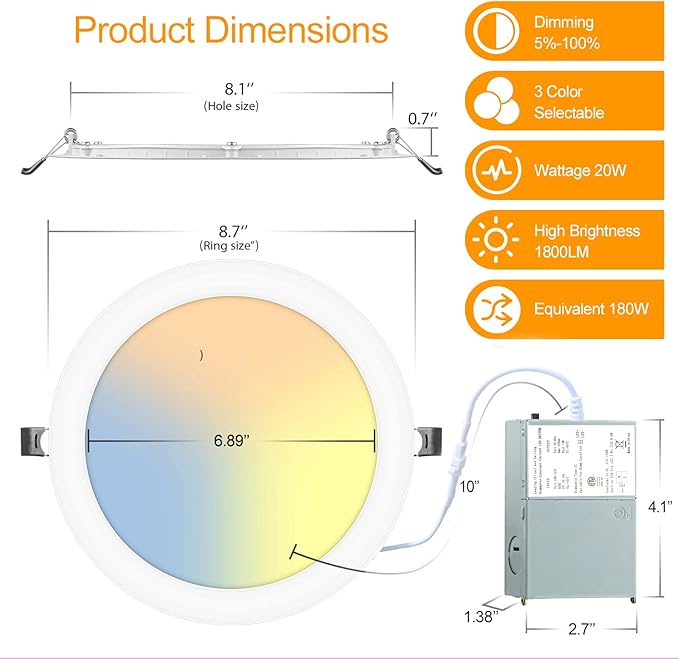 2 Pack 8 Inch LED Recessed Light- Ultra-Thin Recessed Ceiling Lighting with Junction Box, 3000K/4500K/6000K Selectable, 1800LM High Brightness, Dimmable Canless Downlight Fixtures