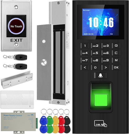 Complete Biometric Fingerprint Security Access Control System Kit, RFID T9 Keypad Door Lock,Time and Attendance System,Smart Remote Door Opener, 600lb Electromagnetic Lock + U-Clip,Doorbell