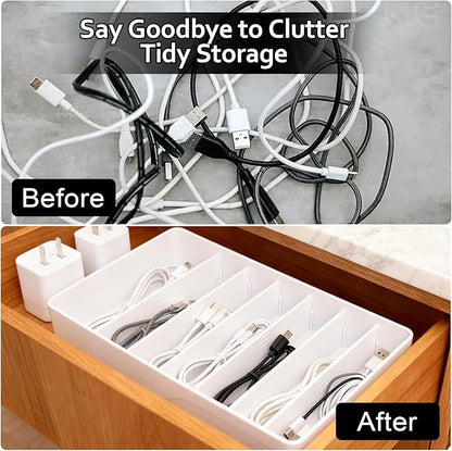 Cable Organizer Storage Box with 7 Wire Ties,Power Cord Organizer with 7 Compartments for Office,Home,Desk Accessories Storage Stationery Supplies (Large Size)