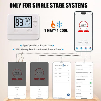 Heagstat WiFi Thermostats for Home Single-Stage 1Heat/ 1Cool, APP Remote Control, 7-Day or 0-Day Programmable. (C-Wire Required)