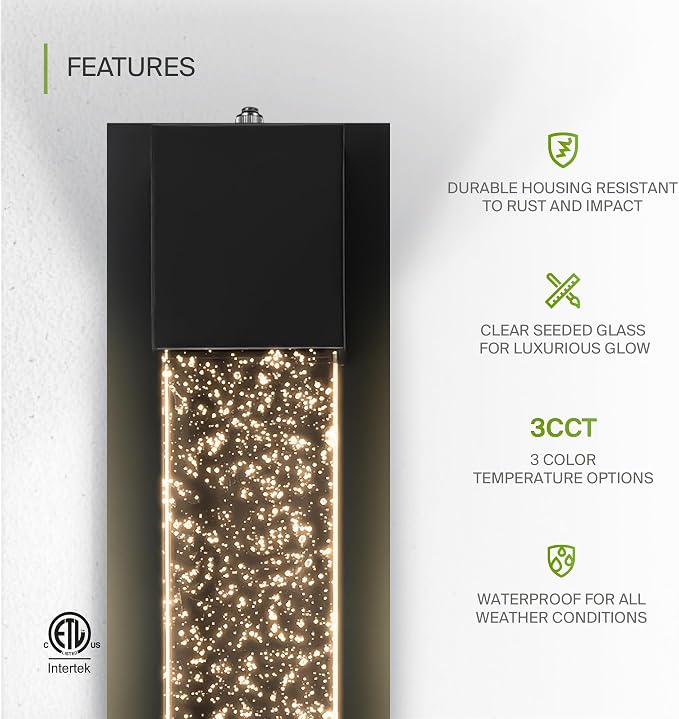 ASD LED 24" Bubble Glass Wall Light Fixture, Outdoor Dusk to Dawn Sconce | 3CCT, Waterproof, Photocell, ETL Listed | 12W 500LM 3000-5000K 120V | Exterior Lantern, Porch Lighting | Black