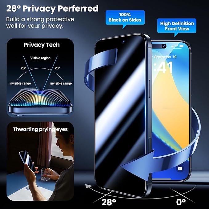 Uyiton for iPhone 16 Pro Max Privacy Screen Protector, [Easy to Install] [Zero Bubble] Shatterproof Full Coverage Anti-Fingerprint & Scratch Proof Tempered Glass, 2 Pack
