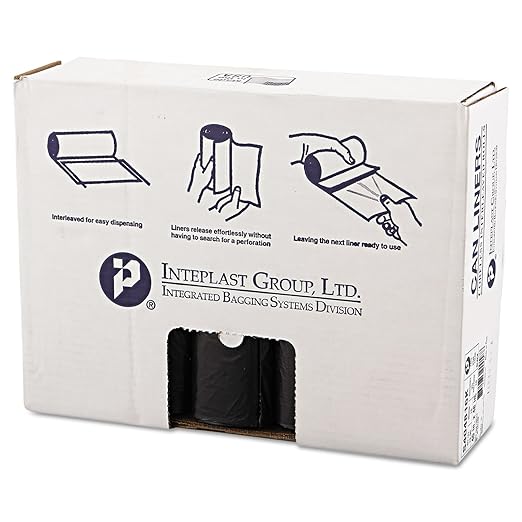 Inteplast Group high-Density interleaved Commercial can Liners, 45 gal, 16 microns, 40" x 48", Black, 25 Bags/roll, 10 Rolls/Carton