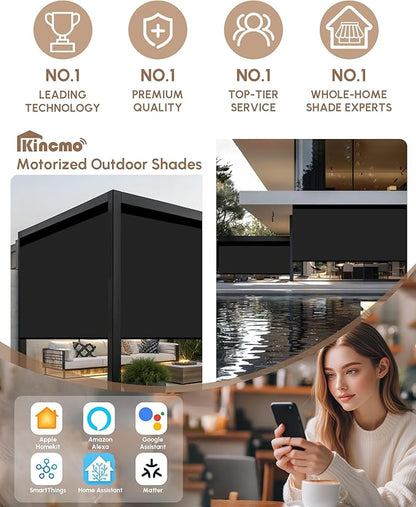 Kincmo Motorized Outdoor Shades for Patio Porch, Custom Outdoor Motorized Blinds with Remote, Waterproof & Windproof Patio Shades Work with Apple Home,Alexa,Google (0% Openness Black)
