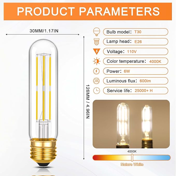 ToBeGreat T30 LED Light Bulbs 6 Watt Equivalent 60W E26 Tubular Bulbs T10 Edison LED Filament Bulb Daylight White 4000K,Desk Lamp,Bedbroom Cafe Restaurant Party,Dimmable (Daylight 4000K, 5 in (2pack))
