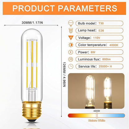 ToBeGreat T30 LED Light Bulbs 6 Watt Equivalent 60W E26 Tubular Bulbs T10 Edison LED Filament Bulb Daylight White 4000K,Desk Lamp,Bedbroom Cafe Restaurant Party,Dimmable (5 in (6pack))