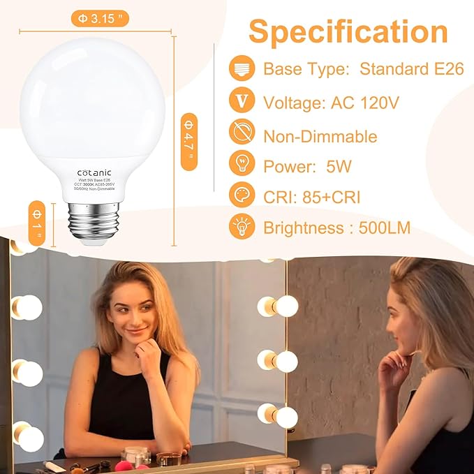 Cotanic Bathroom G25 LED Vanity Light Bulb 3000K Soft White, Globe Light Bulbs, E26 Standard Base, 5W, 60 Watt Equivalent Incandescent Replacement, 500LM, Non-Dimmable, 4-Pack