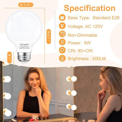 Cotanic Bathroom Round Light Bulb, E26 Standard Base, 5W, 60 Watt Equivalent Incandescent Replacement, 500LM, Non-Dimmable, 8 Pack G25 LED Vanity Light Bulb 3000K Soft White