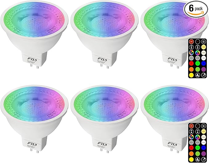 FTL MR16 LED Bulb Color Changing Light Bulbs with Remote Control,RGB Colored Bulbs Dimmable 2700K-6000K 12V 5W 40W Equivalent GU5.3, Spot Light for Landscape Lighting, Track Lighting, 6-Pack