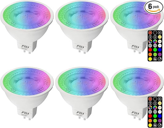 FTL MR16 LED Bulb Color Changing Light Bulbs with Remote Control,RGB Colored Bulbs Dimmable 2700K-6000K 12V 5W 40W Equivalent GU5.3, Spot Light for Landscape Lighting, Track Lighting, 6-Pack