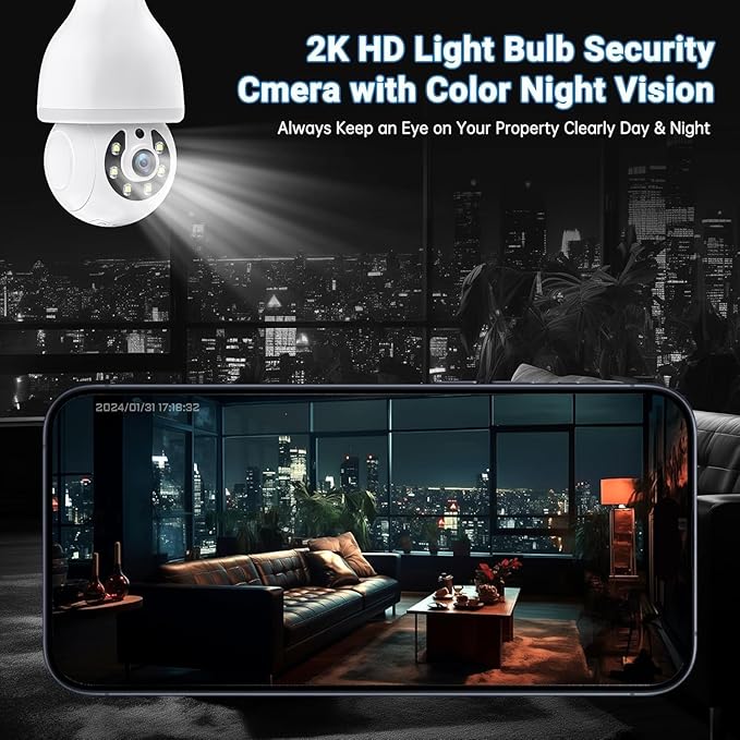 DYPCO Light Bulb Security Camera -5G& 2.4GHz WiFi Camera Outdoor Wireless Motion Detection and Alarm,Two-Way Talk,Color Night Vision,Human Detection, Light Socket Camera (White 2 Packs)