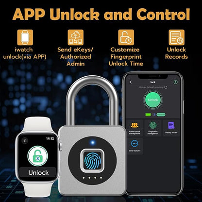 Pothunder Fingerprint Padlock with APP, Keyless Biometric Lock, Smart Waterproof Padlock Suitable for Gym, Locker, Gates, Fence and Storage