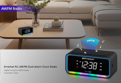 Emerson CKS1401 Smartset AM/FM Dual Alarm Clock Radio with 0.9” White LED Display with 4-Level Dimmer Control, USB-C Charging, and 2-Level Multi-Color LED Decor