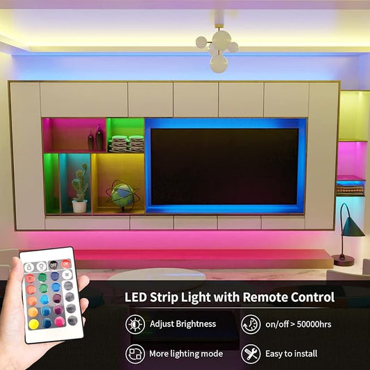 RGB LED Strip Lights for Bedroom, 8ft Color Changing LED Light Strip with Remote Control and PU Coating for Home Decor, Kitchen, Dorm Room, Party, Festival, ETL Listed