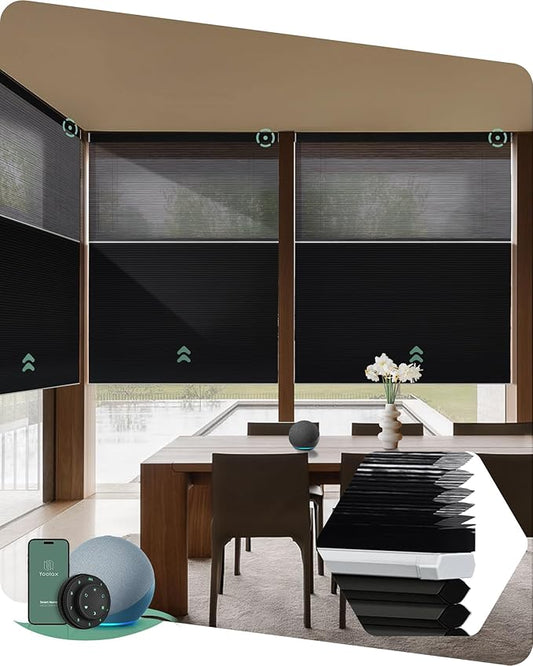 Yoolax Smart Motorized Day and Night Cellular Shades with Remote, Top Down Bottom Up Blinds Compatible with Alexa, Honeycomb Blinds (Black Light Filtering+Black Blackout)