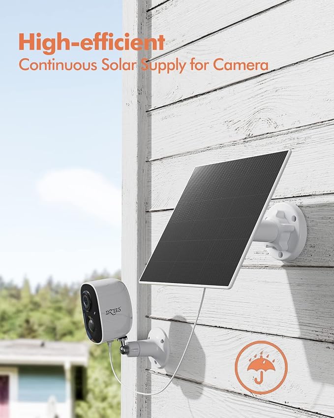Dzees 5W Larger Panel 2K Security Cameras Wireless Outdoor, 5W Solar Powered WiFi Battery Camera with USB-C, Motion Sensor, 2-Way Audio, IP65 Waterproof, Cloud/SD Storage
