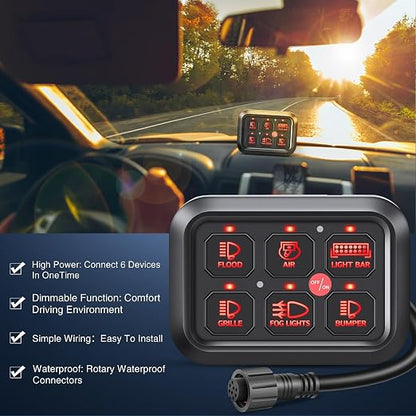 Nilight 6 Gang Switch Panel Relay System Automatic Dimmable | Universal Circuit Control with Fuse Wiring Harness ON-Off Red Backlit LED Pod for Cars Trucks Boats ATV UTV SUV