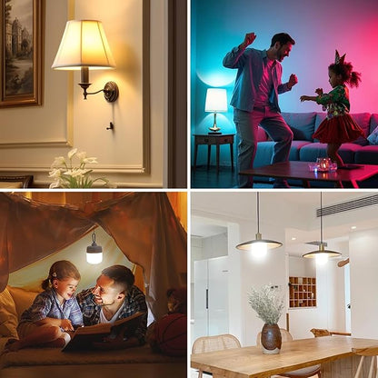 Rechargeable Battery Operated Light Bulb, Dimmable LED Bulb with Remote & Detachable Base, 4000mAh E26 Battery Powered Light Bulb for Non-Hardwired Lamps with 15 Colors Selectable & 3 Timer, 4Pack