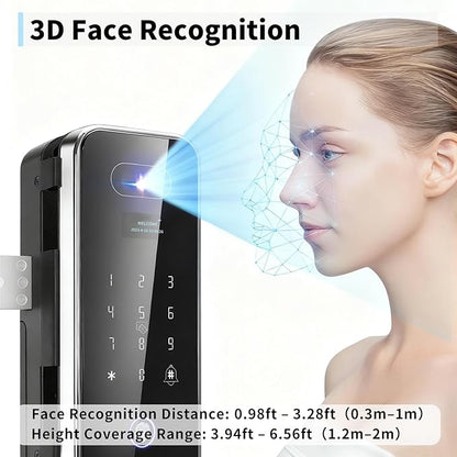 EIYSIE Sliding Glass Door Lock, Fingerprint Lock with 3D Face Recognition for Frameless Doors, Keyless Entry Door Lock with Keypad, No-Drill Smart Glass Lock for Office Store Home