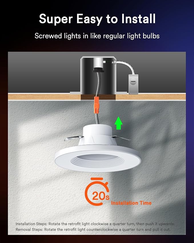 Smart Retrofit Recessed Lighting 6 Inch, Dimmable Alexa Ceiling Light, 1PC | Individual Contol Round-Ring Lighting, Wi-Fi Bluetooth Connect, Anti-Glare Baffle Trim, Color Changing for Bedroom