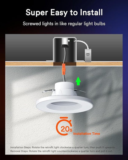 Smart Retrofit Recessed Lighting 6 Inch, Dimmable Alexa Ceiling Light, 1PC | Individual Contol Round-Ring Lighting, Wi-Fi Bluetooth Connect, Anti-Glare Baffle Trim, Color Changing for Bedroom