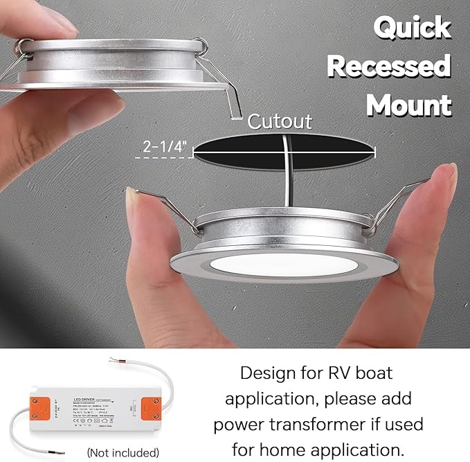 acegoo RV 2.75" Recessed LED Ceiling Light 12V Ultra-Thin Puck Light, Dimmable RV Lights Interior for Camper Van Truck Motorhome Boat Sailboat Roof Under Cabinet Lighting, 6 Pack (Sliver,Cool White)