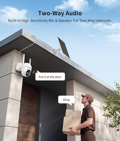 2K Solar Security Cameras Wireless Outdoor, 360° View Outdoor Camera for Home Security with Color Night Vision, Battery Powered, AI PIR Detection, Spotlight Siren Alarm, Only 2.4Ghz WiFi