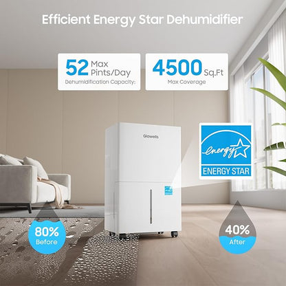4500 Sq.ft Energy Star Dehumidifier for Home Basement, Glowells 52 Pints Large Room Dehumidifier with Drain Hose & Water Tank 0.58 Gal, Dehumidifiers with Smart Humidity Control, Auto Defrost