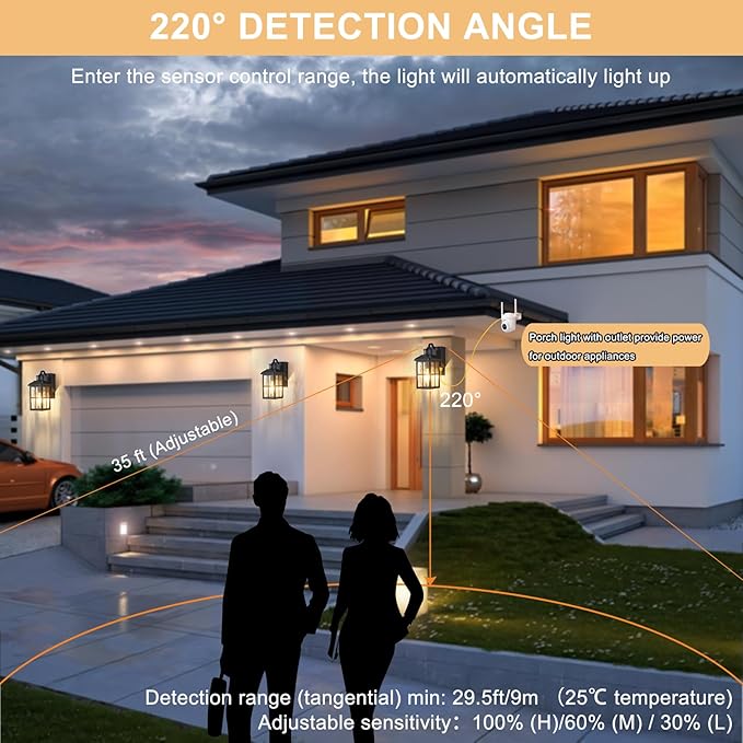 Porch Lights with GFCI Outlet with Remote,Dusk to Dawn Motion Sensor Outdoor Light, Upgraded 4 Lighting Modes Exterior Fixture Waterproof Outside Lights for House Patio Garage