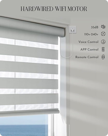Graywind Motorized Blinds with Remote, Smart Zebra Shades for Windows, Hardwired Roller Blinds Compatible with Alexa, Apple Homekit, Google Home, Custom Size, Luxury Silver White