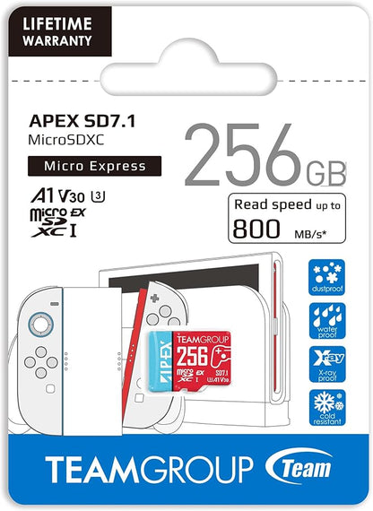 TEAMGROUP APEX 256GB microSD Express Card, microSDXC Memory Card U3 A1 V30 R/W up to 800/700 MB/s, for Nintendo Switch2, UHS-I Compatible, with Adapter TAPMSDE256GIV30A102
