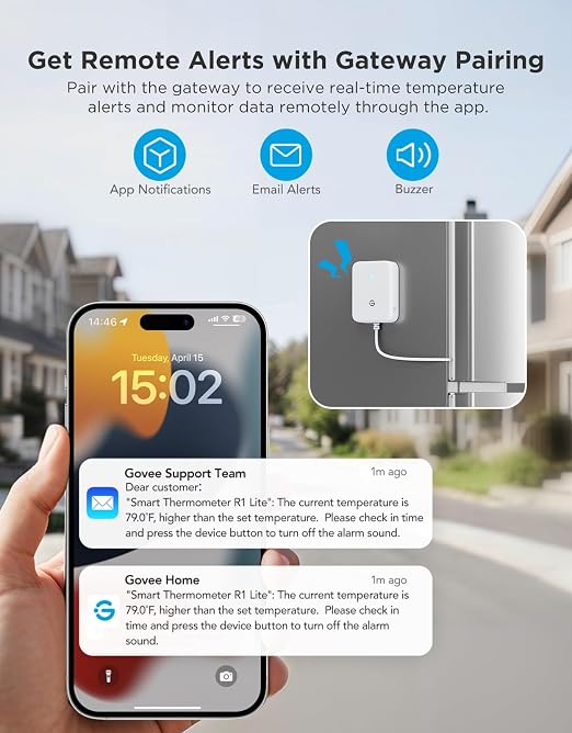 GoveeLife Bluetooth Refrigerator Thermometer Sensor with Alarm, 1-Pack | Monitor fridge/freezer temp remotely with app alerts & buzzer 230ft range. For kitchen/hot tub, gateway not included